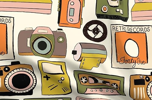 Spoonflower Tela - Cinta de cassette Cámaras retro Fotografía Analógica Música Vintage Impreso en Pétalos Tela de Algodón Fat Quarter - Costura