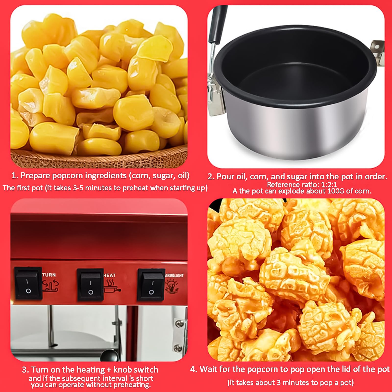 Máquina Comercial de Palomitas de Maíz con Caldero de 10 Oz y Luz de Calentamiento, 1400W, para Hogar, Cine y Negocios, Estilo Cine con Control de 3 Interruptores Flat-top