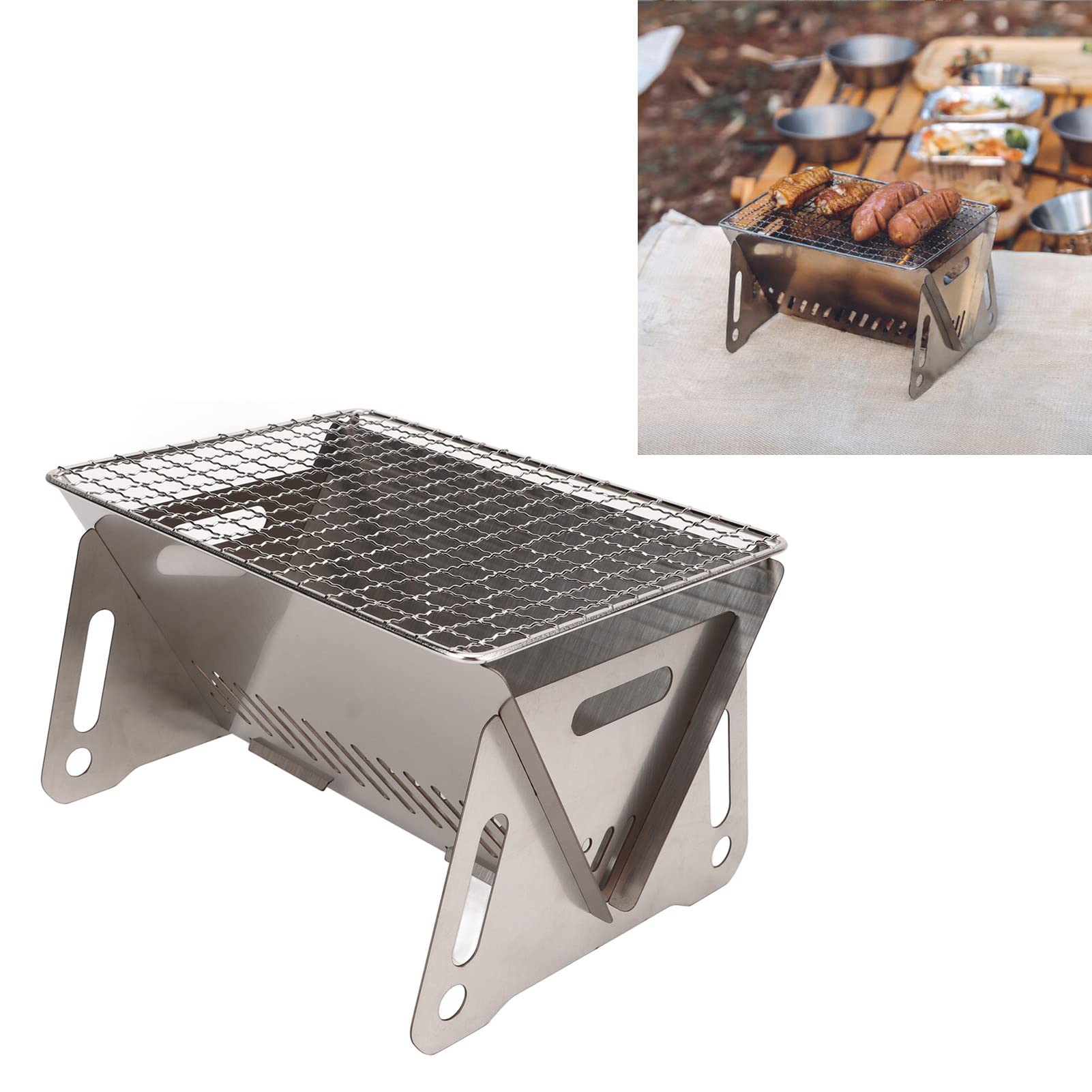 Przenośny grill na węgiel drzewny, odporny na wysokie temperatury, składany grill ze stali nierdzewnej z otworami wentylacyjnymi – idealny do gotowania na świeżym powietrzu i tylnej klapy