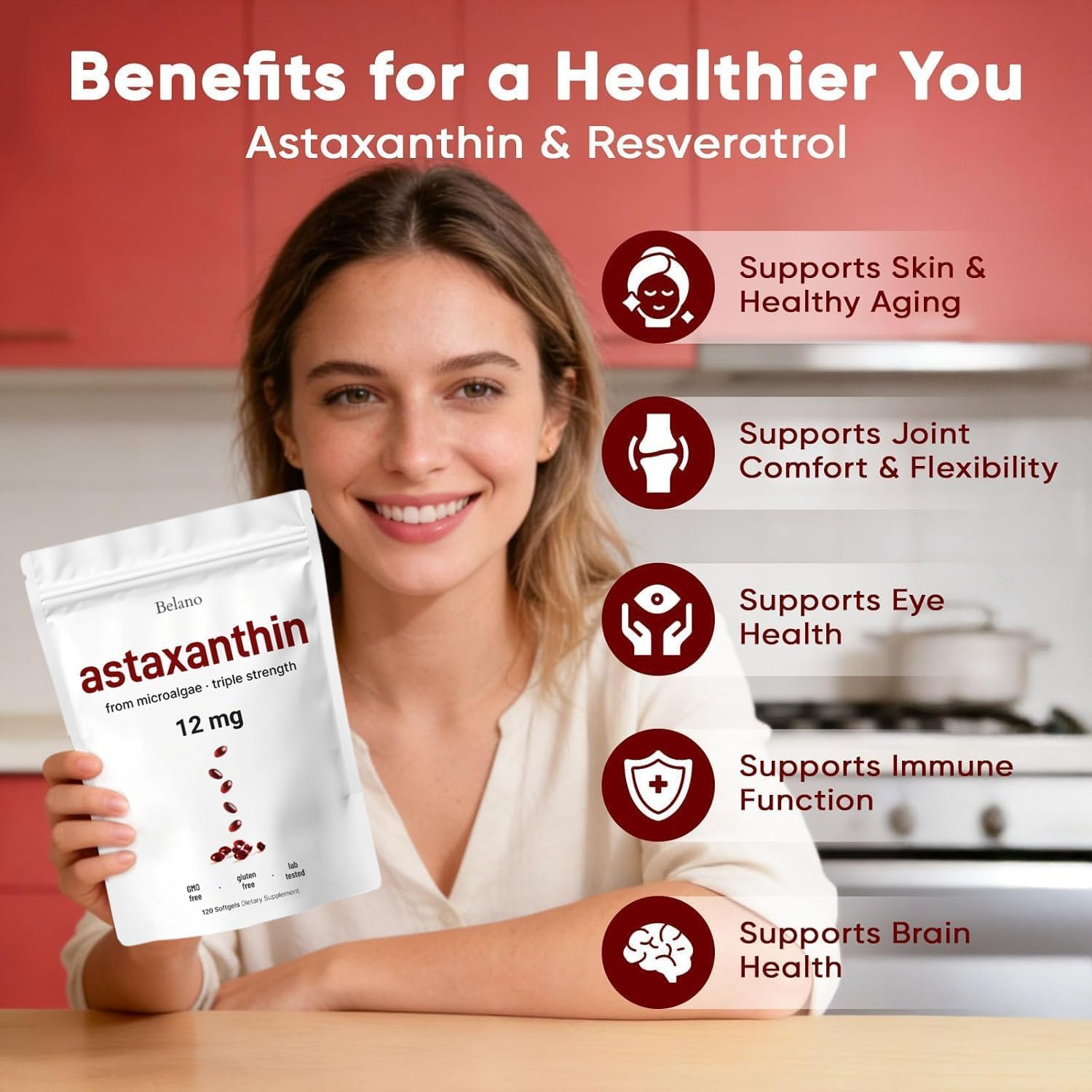 Astaxanthin Softgels 12mg, Nutrizione Naturale dalle Microalghe per Occhi, Pelle e Articolazioni, 120 Compresse (1 Confezione)