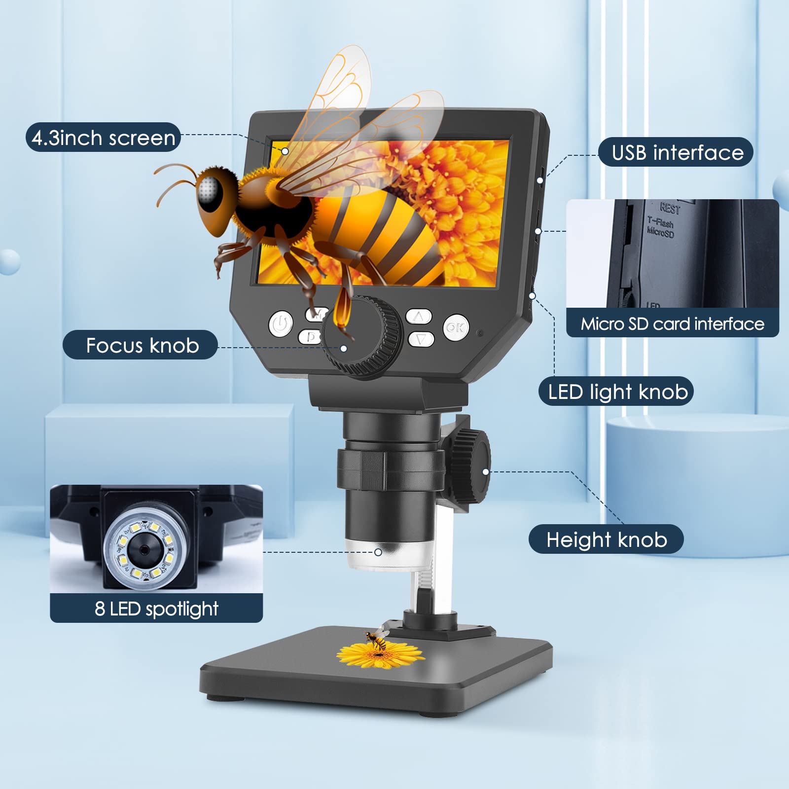 Hlieeosfcn Microscope Numérique USB 4,3 Pouces 1X-1000X - Écran LCD Avec 8 LED Rechargeable Pour Soudage, Textiles, Laboratoire
