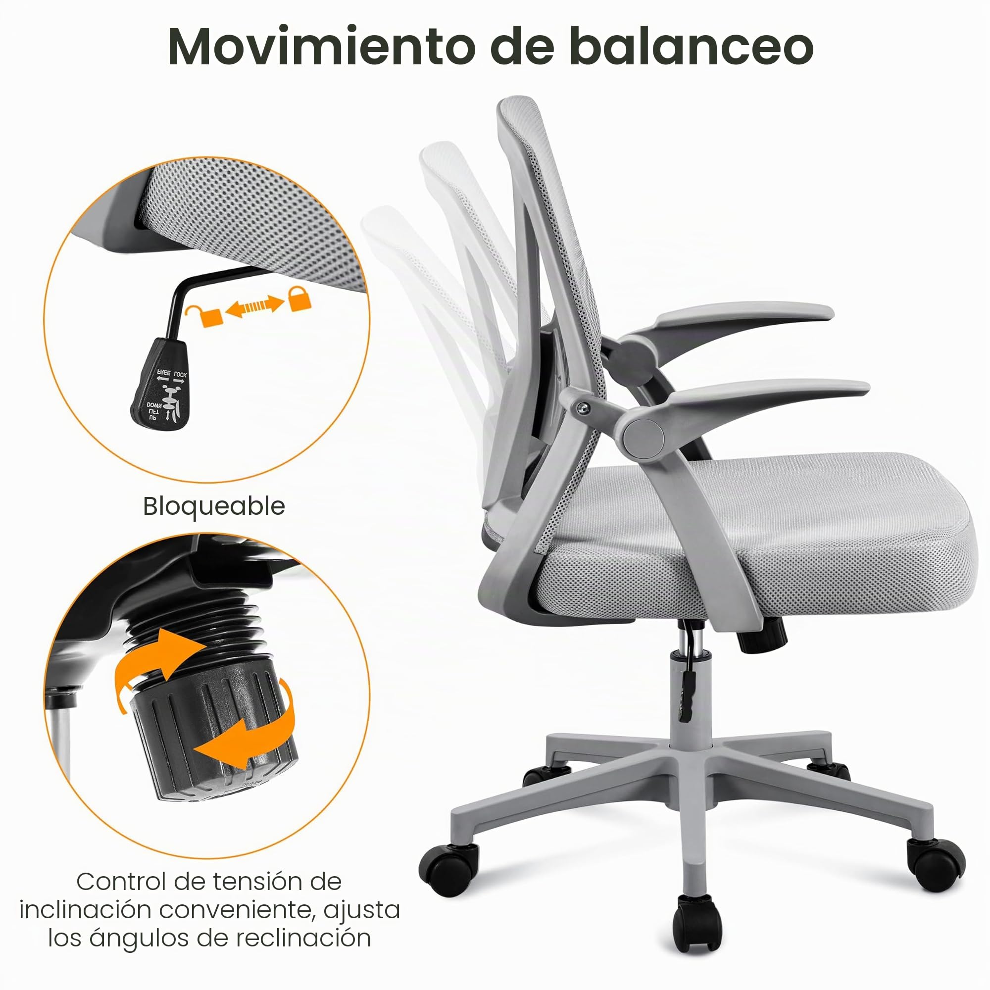 Yaheetech Silla de Oficina con Soporte Lumbar Reposabrazo Ajustable Gris | Reposabrazo Regulable, Altura Ajustable, Silla Malla Transpirable, Ahorro de Espacio, Ideal para Espacio Limitado
