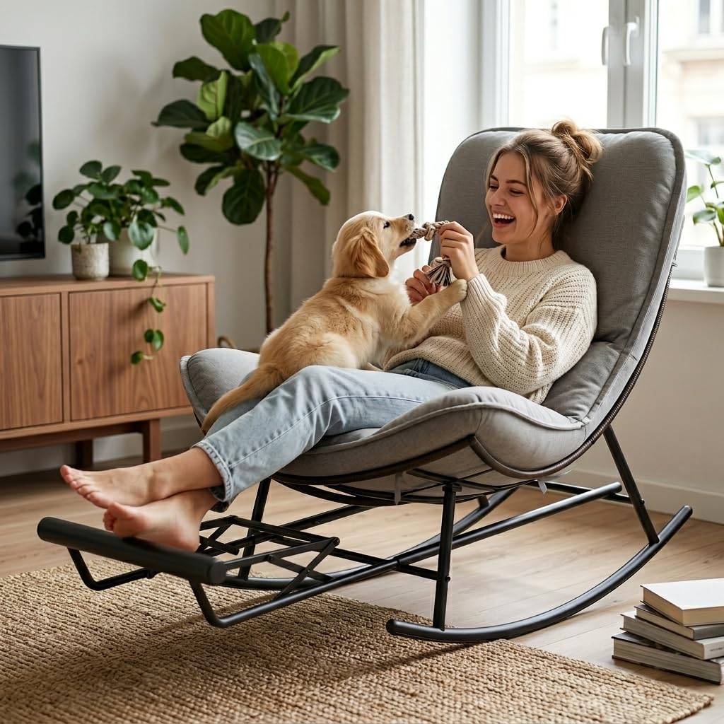 Mecedora con Extensible Reposapiés & Cojín Extraíble, Sillón Mecedora Relax Ergonómico, Carga 200KG Extragrande, Rocking Chair Ratán Resistente Intemperie para Interior y Exterior, Jardín, Salón