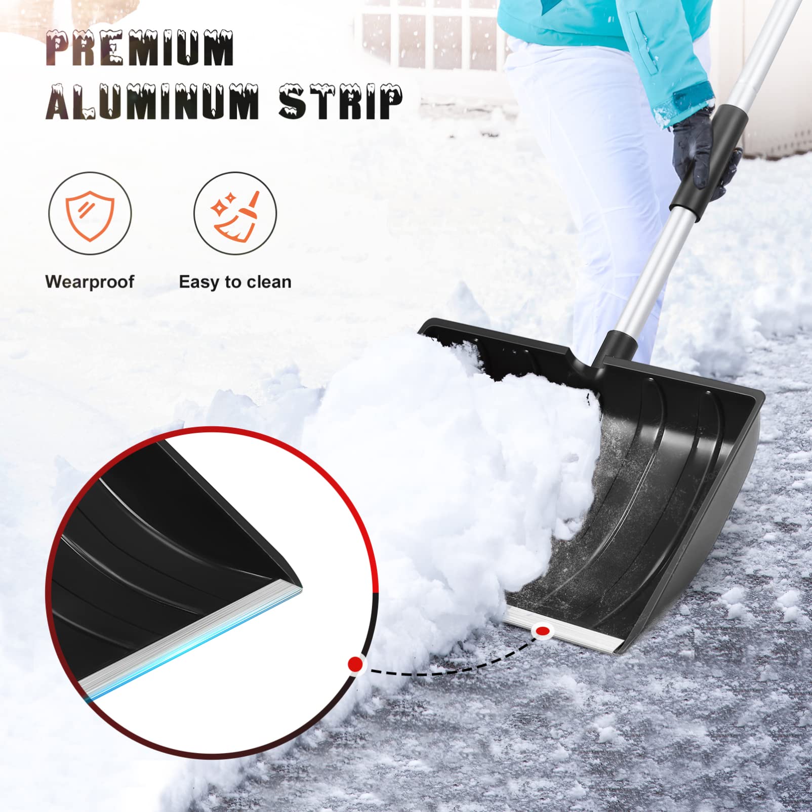 BESPORTBLE Ergonomischer Schneeschieber mit D-Griff aus Aluminiumlegierung rutschfest und Stabil für Garten und Hof Große Kapazität zur Schneeräumung