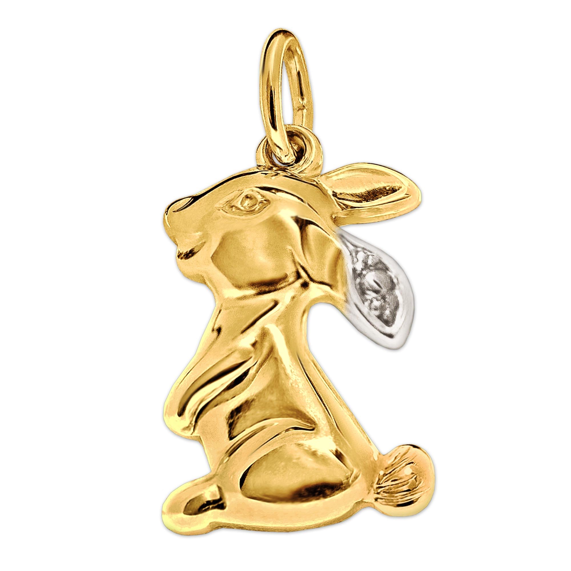 CLEVER SCHMUCK Goldener Damen Anhänger Hase seitlich sitzend 14 x 9,5 mm bicolor, plastische Form, Ohr teils weiß rhodiniert glänzend 333 Gold 8 Karat 333 GOLD 8 KARAT im Etui creme
