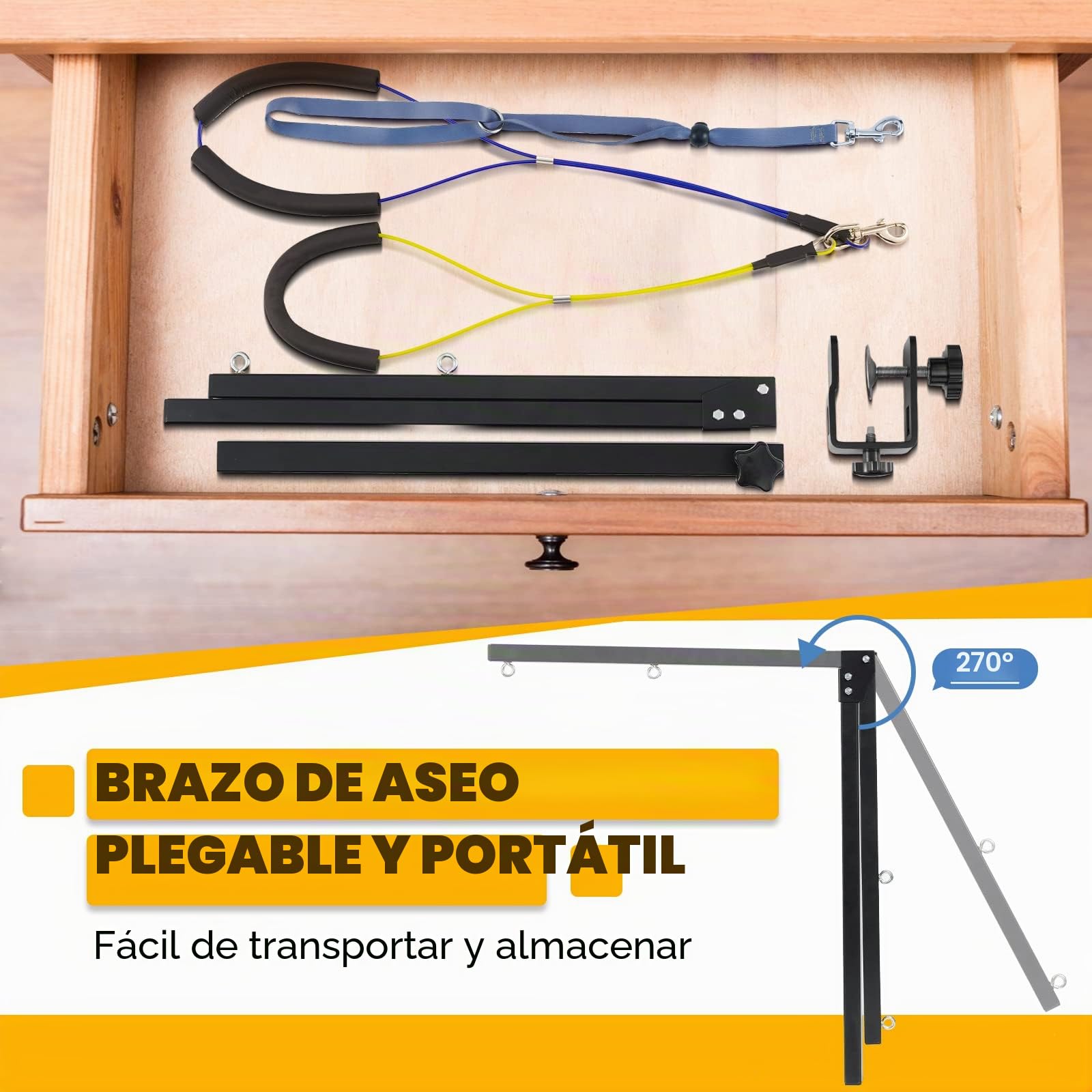 Brazo de aseo de mascotas para mesa, ajustable, antideslizante, portátil, perros y gatos pequeños y medianos, fuerte abrazadera metálica, 1 correa de sujeción y 2 cuerdas para evitar que se sienten