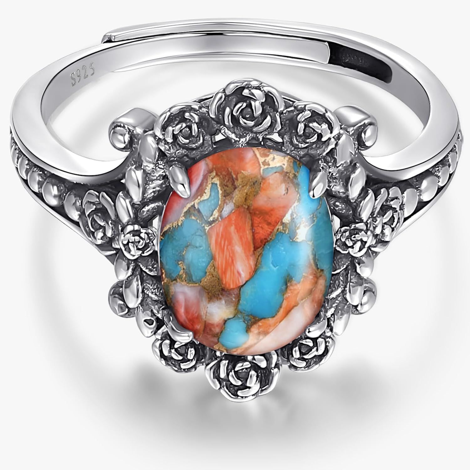 Sterling Silver Ring for Women, Romantic Oxidized Flowers with Oval Turquoise, Bohemian Hippie Adjustable Ring Size 5-9