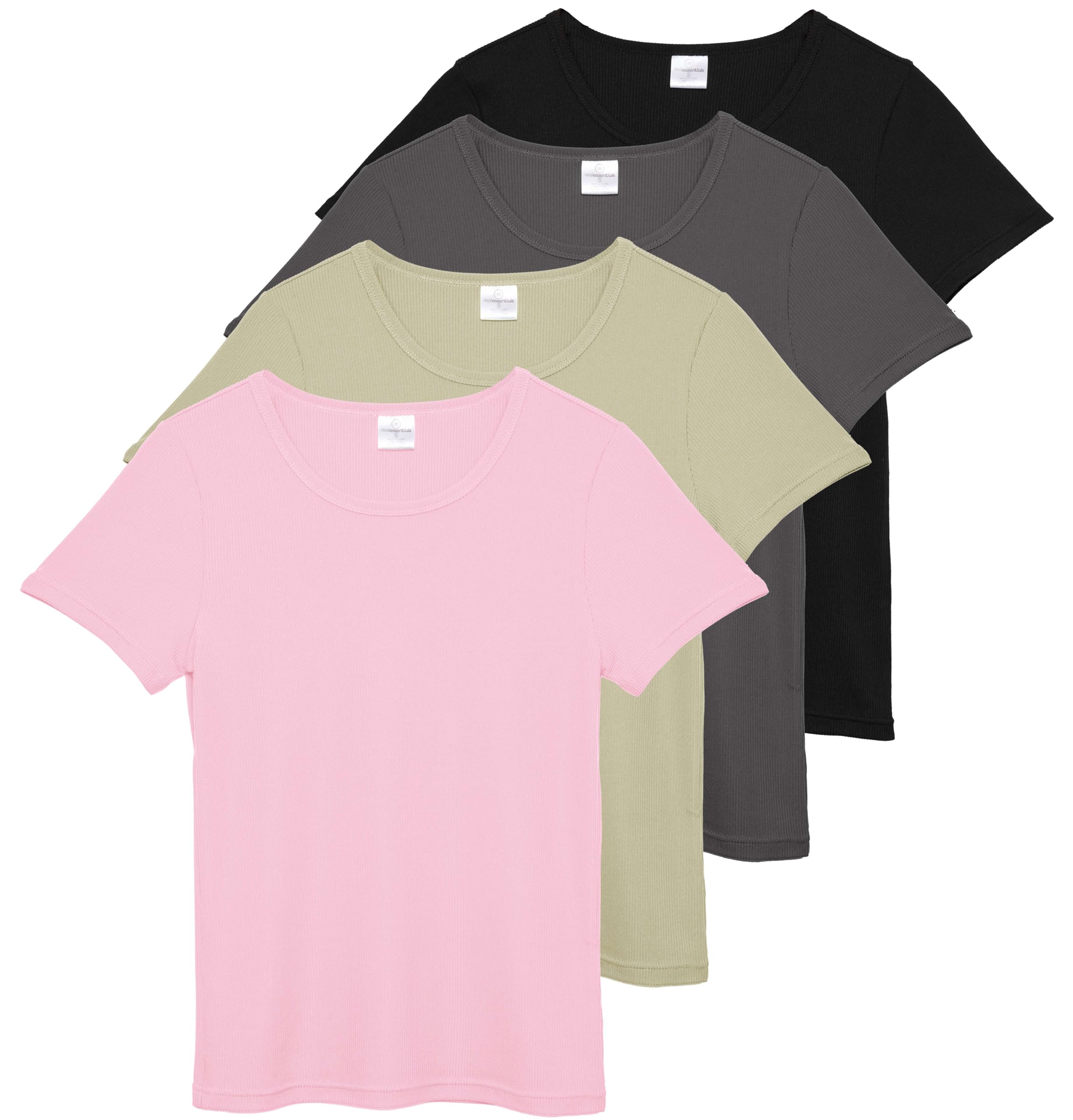 Photo 1 of ** ONLY 3 ** Real Essentials 4 Pack: Women's Ribbed Knit Short Sleeve Crew Neck T-Shirt (Available in Plus)