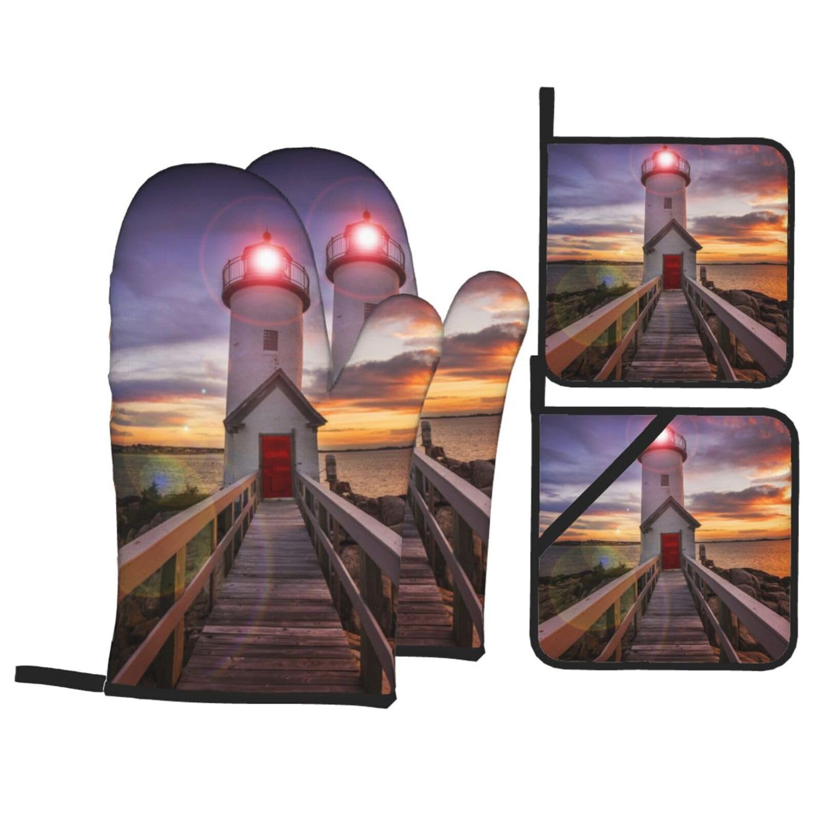 Lighthouse Print Stylish Heat-Resistant Oven 4-Piece Set Kitchen Gloves Roasting Daily Cooking