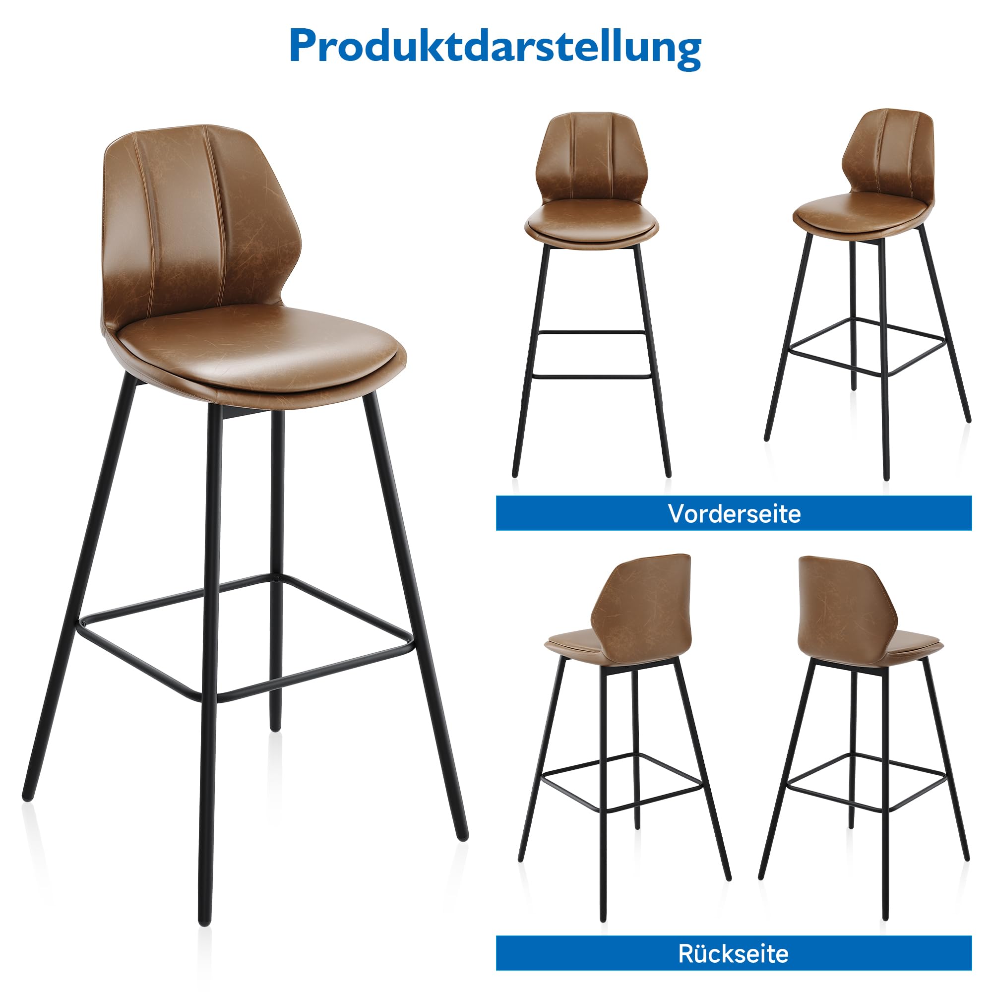 SONNI Barhocker 2er Set, Barstühle, Küchenstühle mit Rückenlehne und Fußstütze, robuster Metallrahmen, gemütliche PU weiche Sitzfläche, für Bar, Küche, Esszimmer, Sitzhöhe 102 cm, Braun