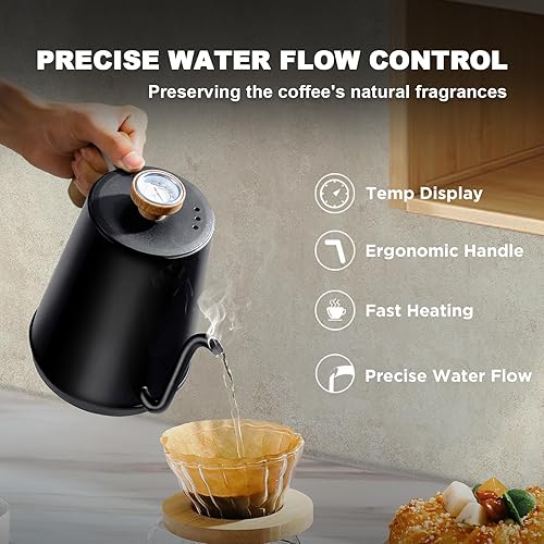 Miniatura 2 de Nueve&Five Hervidor eléctrico de cuello de cisne con termómetro, hervidor eléctrico negro de 1 litro con apagado automático, hervidor de agua