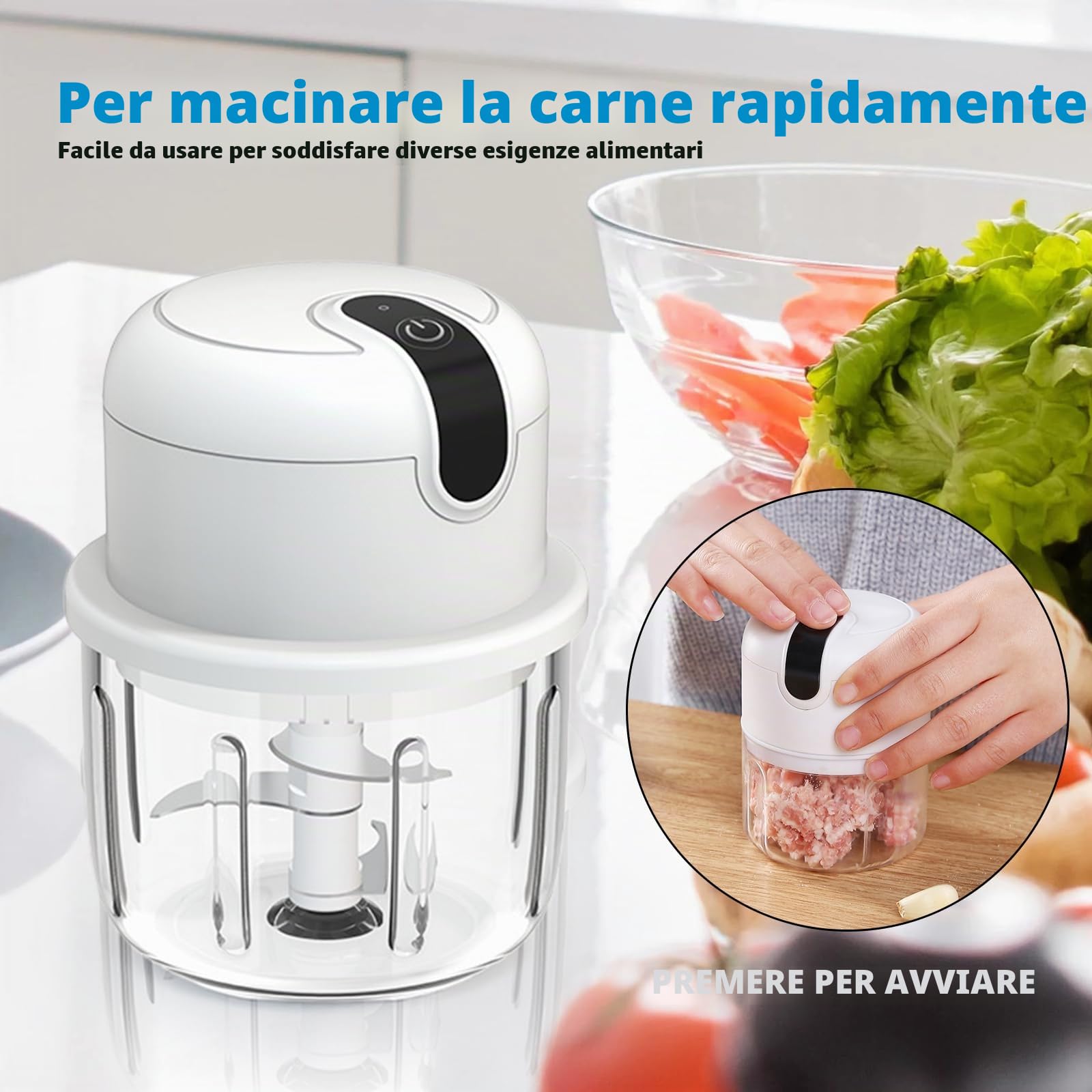 Tritatutto Elettrico, Mini Tritatutto Da Cucina Elettrico, Elettricos Per Cipolla 100/250/350 Ml, Piccolo Tritatutto Aglio Con Connessione Usb, Per Pesto, Verdure, Carne, Frutta, Spezie