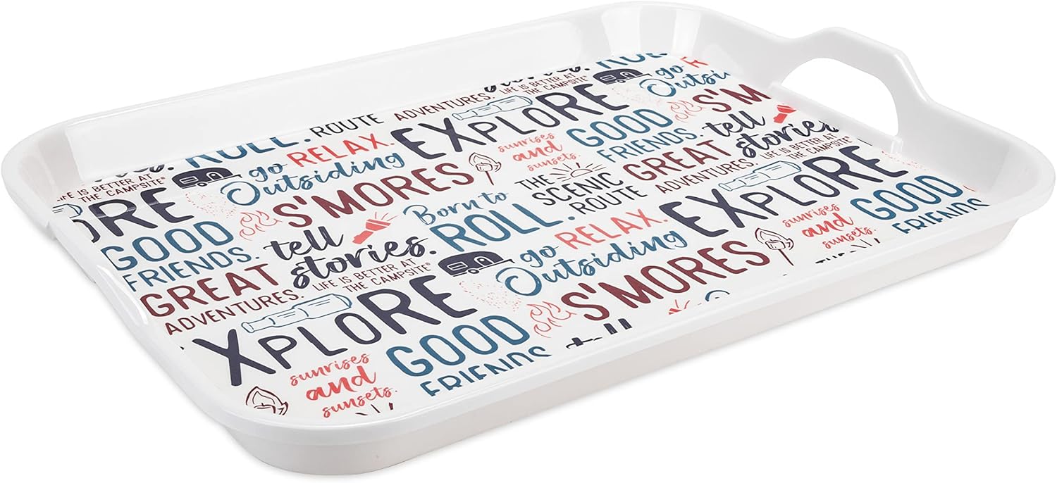Camco Life is Better at the Campsite Melamine RV Serving Tray - Features Camping/RV Themed Design - Great for Kitchen Prep, Picnics, Grilling, and More - Serving Platter is Dishwasher Safe (53486)