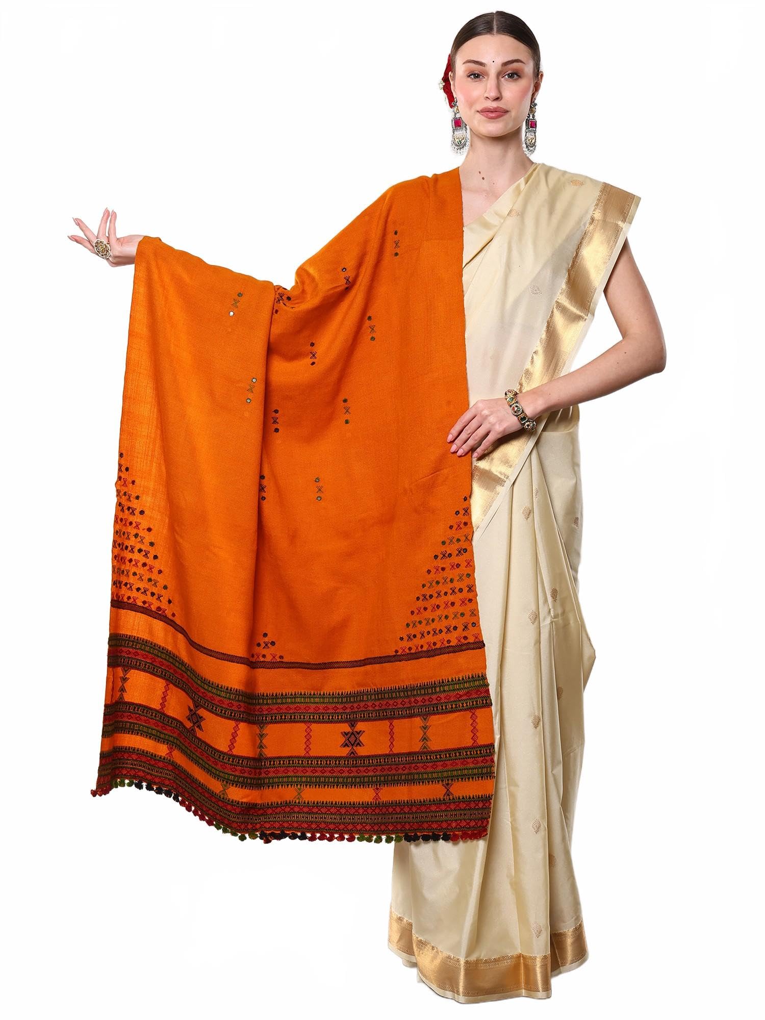 Women's Pure Wool Kutch Shawl with Woven Border and Embroidered Mirrors Work | Ethnic Designer Stole, Scarves for Special Occasion-image-35
