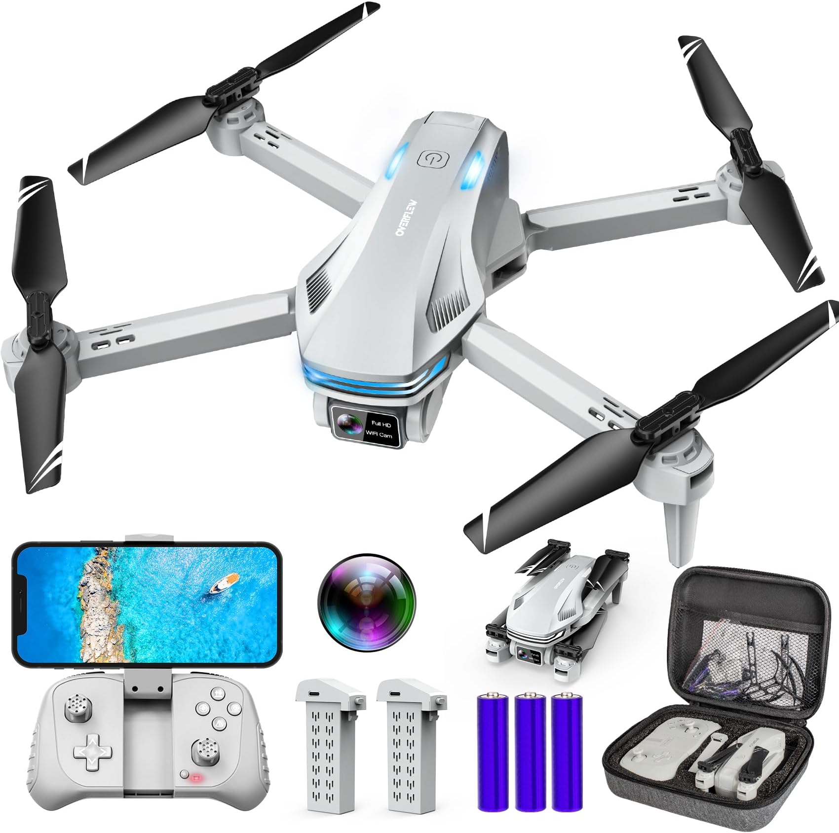 Drone with Camera for Adults, 1080P FPV Drones for kids Beginners with Upgrade Altitude Hold, Voice Control, Gestures Selfie, 90° Adjustable Lens, 3D Flips, 2 Batteries, Light Grey