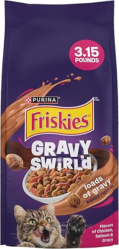 Purina Friskies Dry Cat Food Gravy Girl'd con sabores de pollo, salmón y salsa - 3,15 lb, bolsa