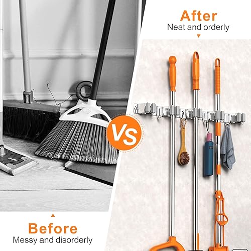 Miniatura 5 de CUXIXA Organizador de escoba y trapeador para colgar en la pared, soporte de pared mejorado para trapeador y escoba, soporte de pared de acero