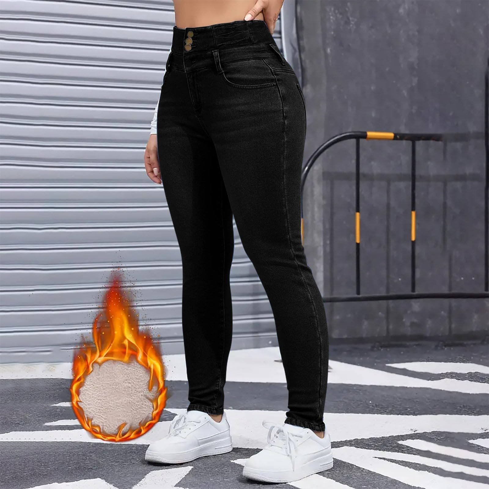 Jean Stretch Femme Taille Haute Pantalon Doublé Polaire Chaud