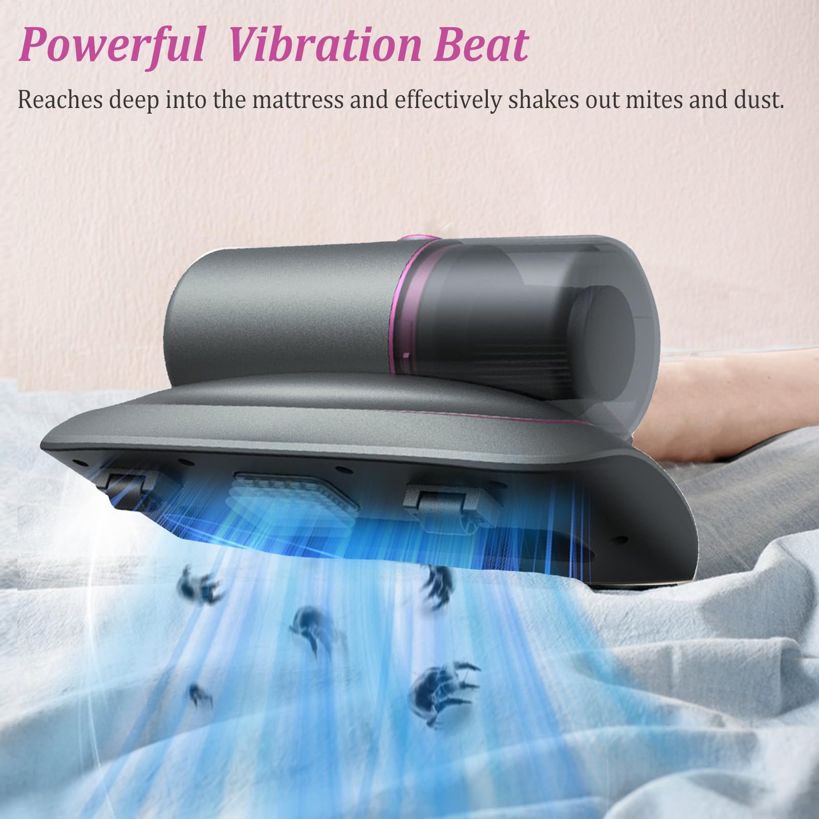 Aspirateur Anti-Acariens Portatif pour Matelas, 12Kpa Sans Fil, Détecteur de Poussière avec Lumière UV-C 2 Vitesses Réglables (Violet)