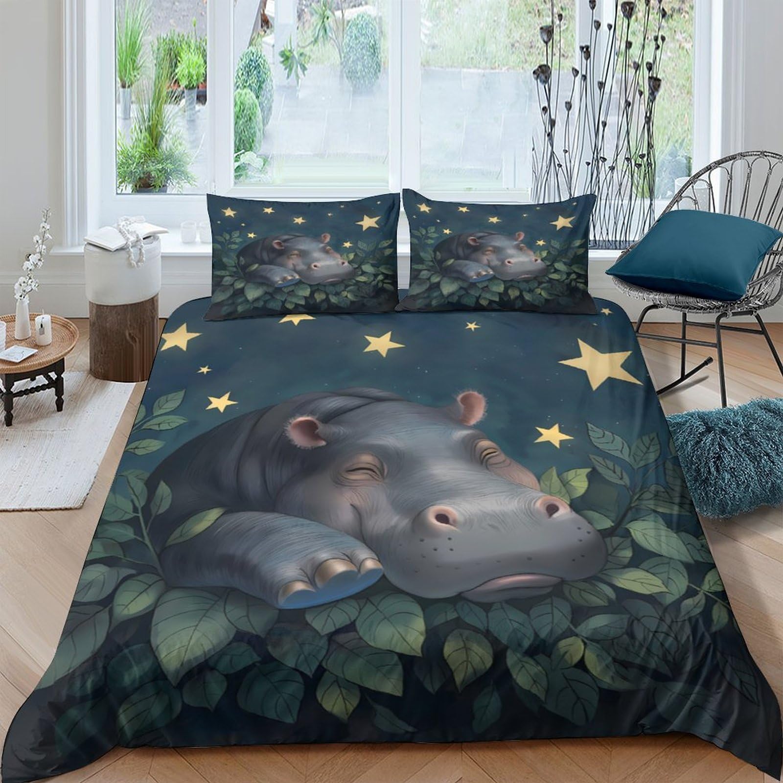 GPLZQXKJNH 3D Printed Hippo Night Forest Duvet Cover Set Microfiber Soft Breathable Star Bedding with 2 Pillowcases for Bedroom Single（135x200cm）