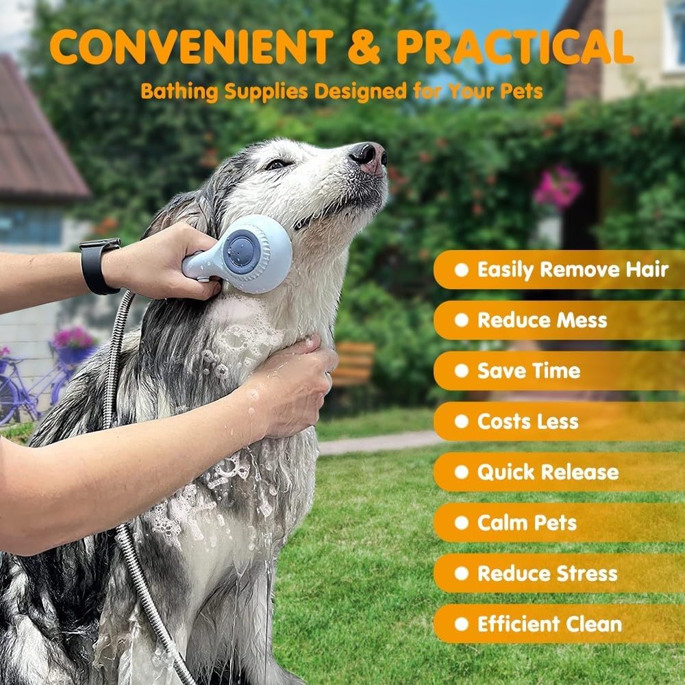 Accesorio de ducha para perros, rociador de cepillo de baño para perros con cepillo suave y adaptadores, cabezal de ducha de mano de rosca de 1,27 cm para lavado de mascotas, fregar, masajear, aseo
