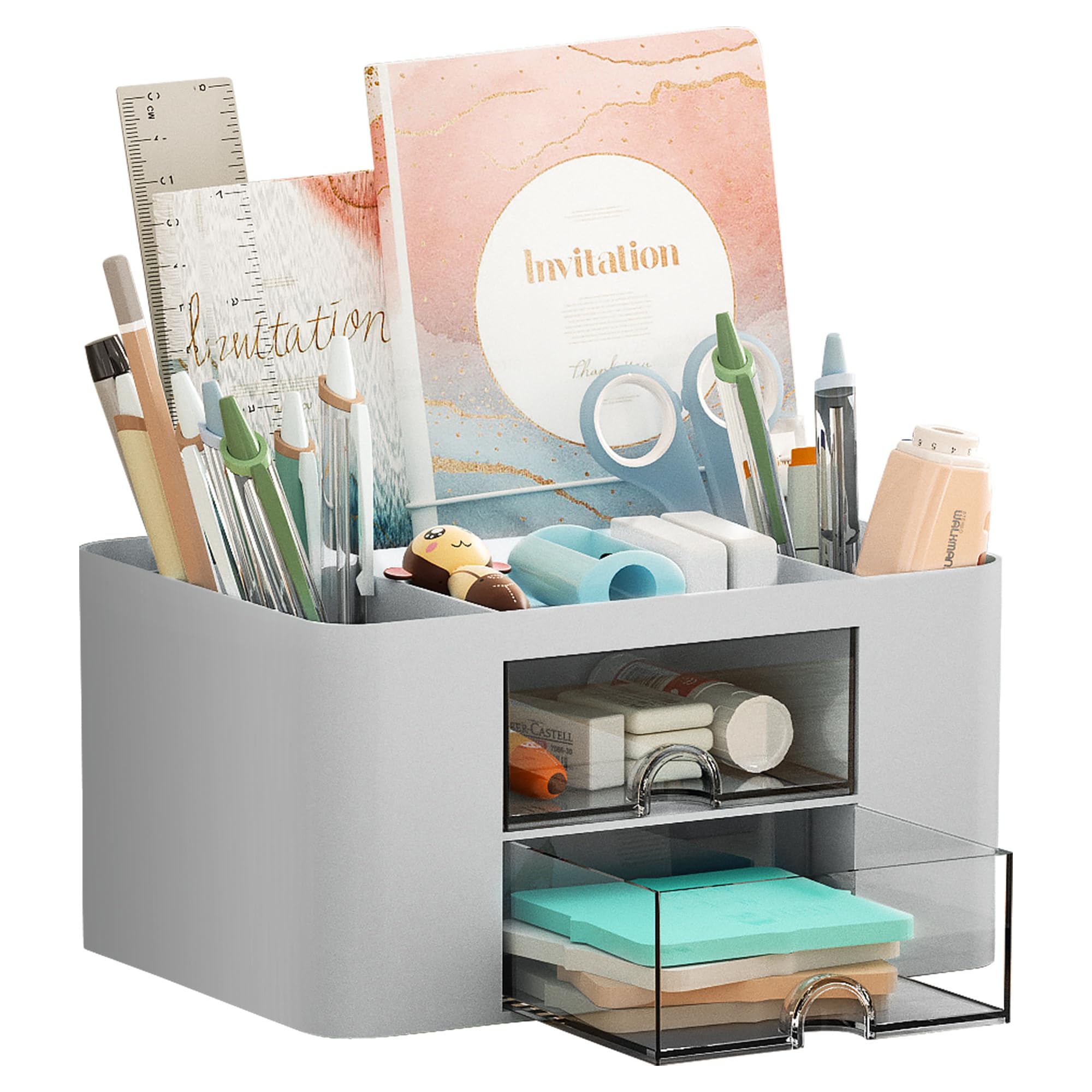 Marbrasse Pen Organizer with 2 Drawer, Multi-Functional Pencil Holder for Desk, Desk Organizers and Accessories with 5 Compartments + Drawer for Office Art Supplies (Grey)