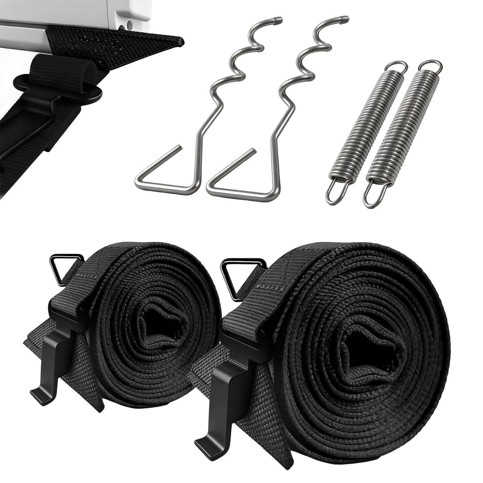 Awning Tie Down Kit for Motorhomes & Caravans, Universal Awning Storm Strap Kit with Adjustable Polyester Straps + Ground Anchors + Tension Springs + Storage Bag (Black)