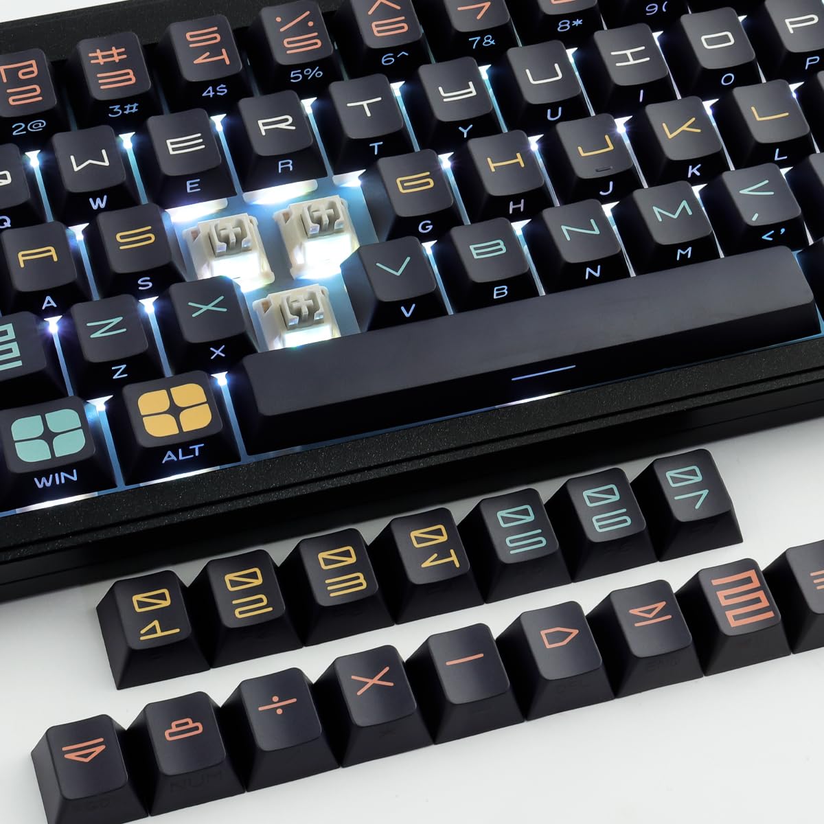 PBT Keycaps, 131 Keys Custom Black Shine Through Side Engraved Trasparente Keycaps Cherry Profile Dye Sublimation for Cherry MX Switch ANSI & ISO Layout Mechanical Keyboard