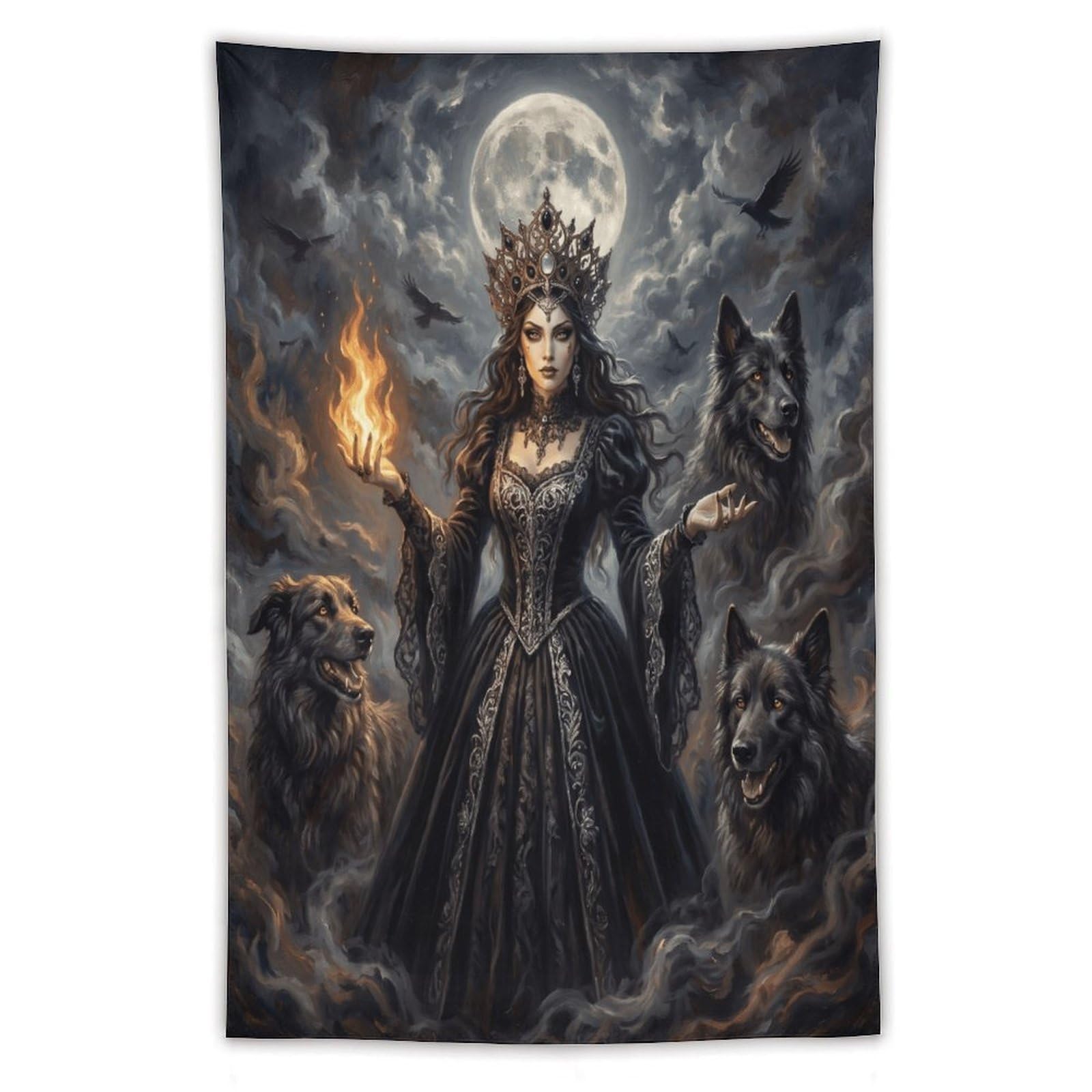 H3B8U2Y5 Wolf Goddess Sacred Fire Wall Tapestry, Realistic Illustration