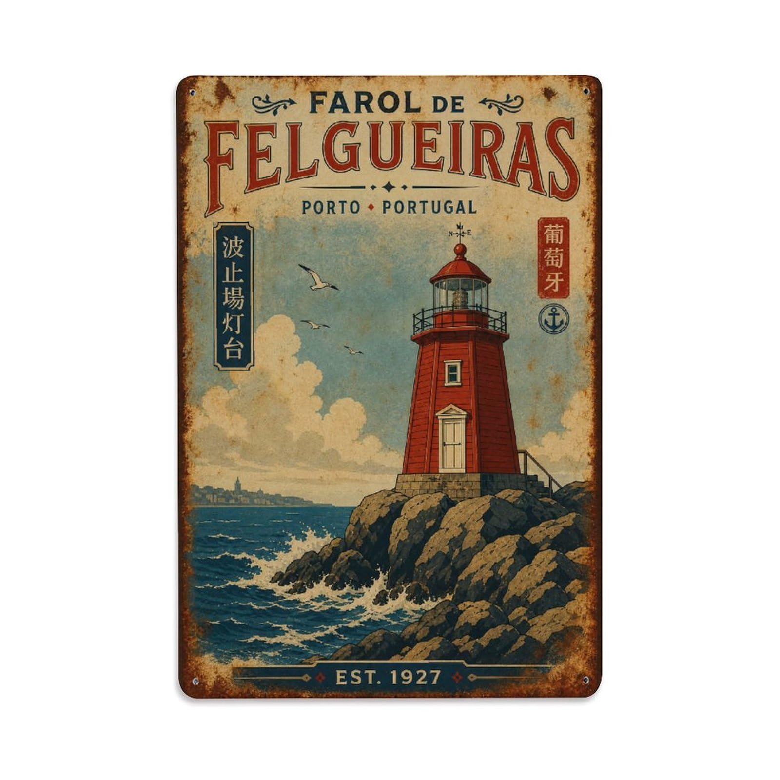 Vintage Travel Farol Felgueiras Lighthouse Coastal Portugal Metal Tin Sign Wall Decor for Cafe, Club, Garden Metal Poster 8x12Inch
