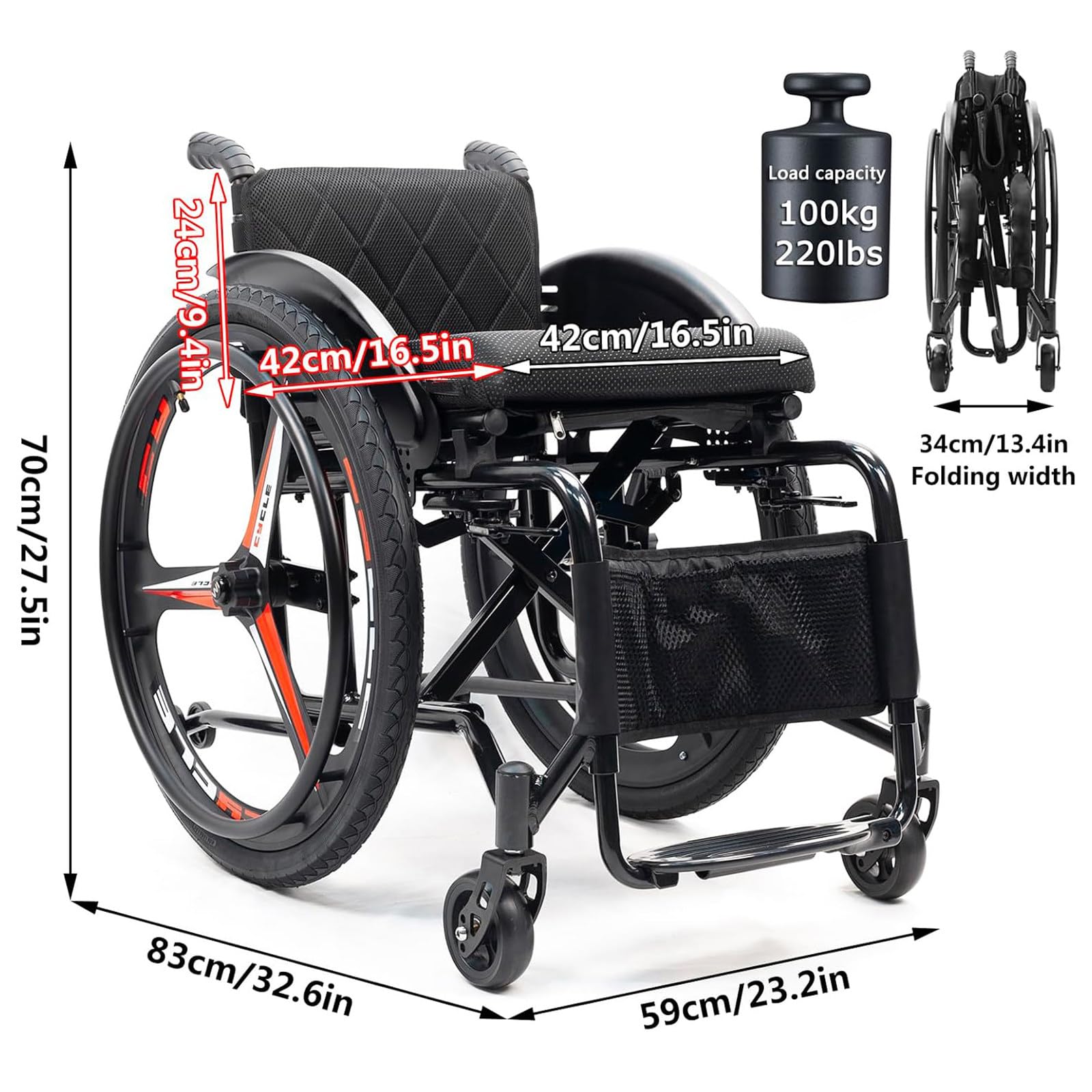 Składany, terenowy wózek inwalidzki, przenośny, aluminiowy, samojezdny, ręczny wózek inwalidzki, wózek transportowy z odchylanymi podnóżkami, zabezpieczenie Black-Softbackrest