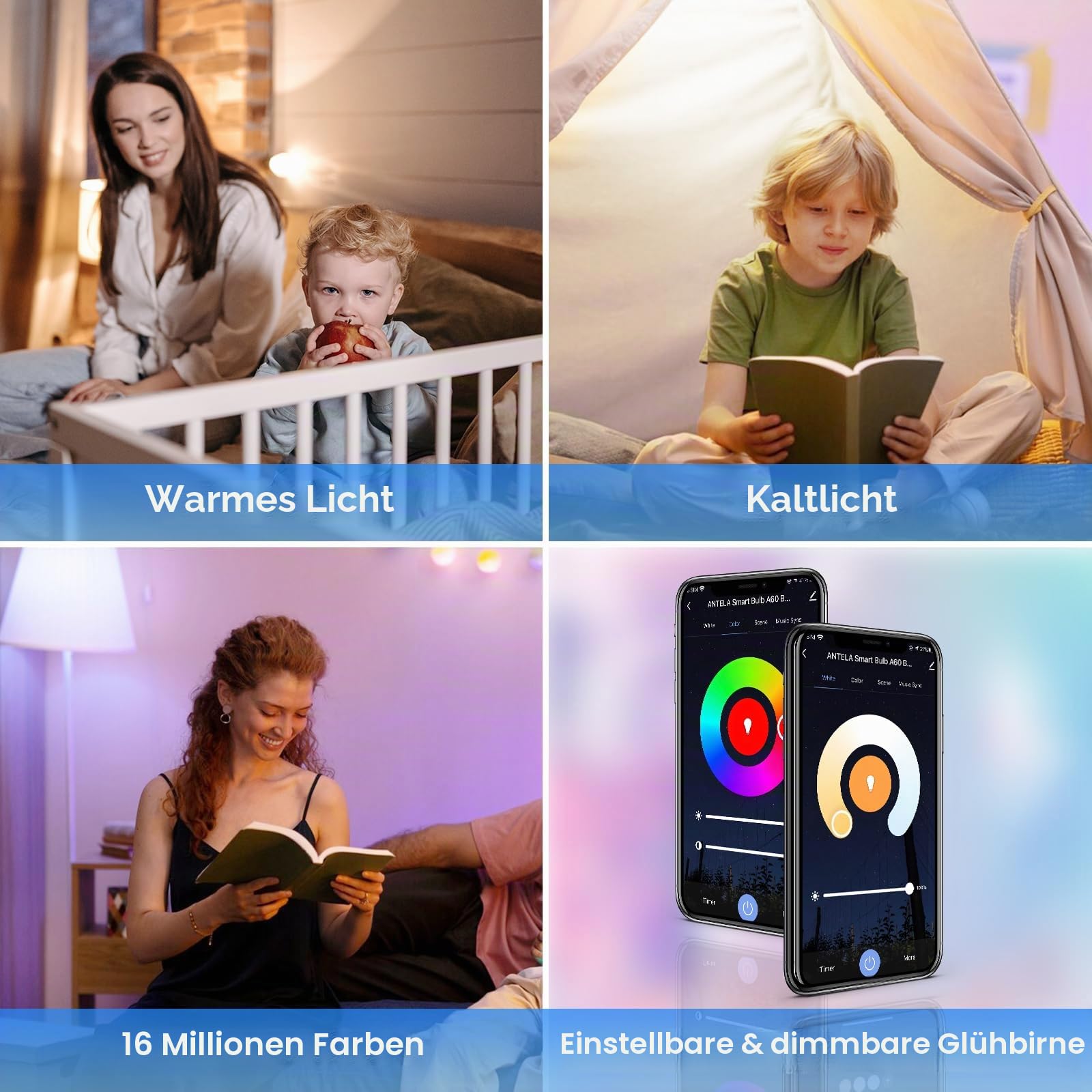 ANTELA Alexa Glühbirne E27 9W 1000LM RGB Smart WLAN LED Dimmbare Birne Lampe, Kompatibel mit Google Home, Smart Life APP, 2700K-6500K Warmweiß Kaltweiß Licht, 4 Stück