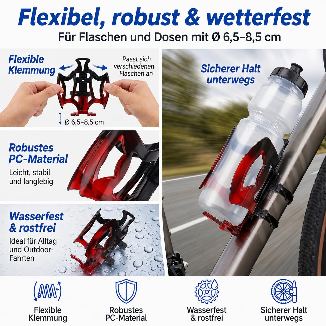 Flaschenhalter Fahrrad 2 Stück, Fahrrad Flaschenhalter mit Montagehalterung ohne Bohren für Ø 22–55 mm, Getränkehalter Fahrrad aus robustem PC, Trinkflaschenhalter für MTB, Rennräder und Kinderfahrrad Sport & Freizeit
