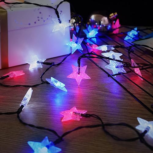 Miniatura 4 de SEMILITS Tira de luces solares para exteriores, 50 LED, con forma de estrella de cristal en 3D, para decoraciones de jardín (azul blanco y rojo)