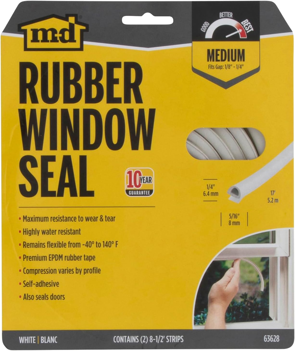 M-D Building Products 63628 1/4 in. x 5/16 in. x 17 ft. White Premium Rubber Window Seal for Medium Gaps