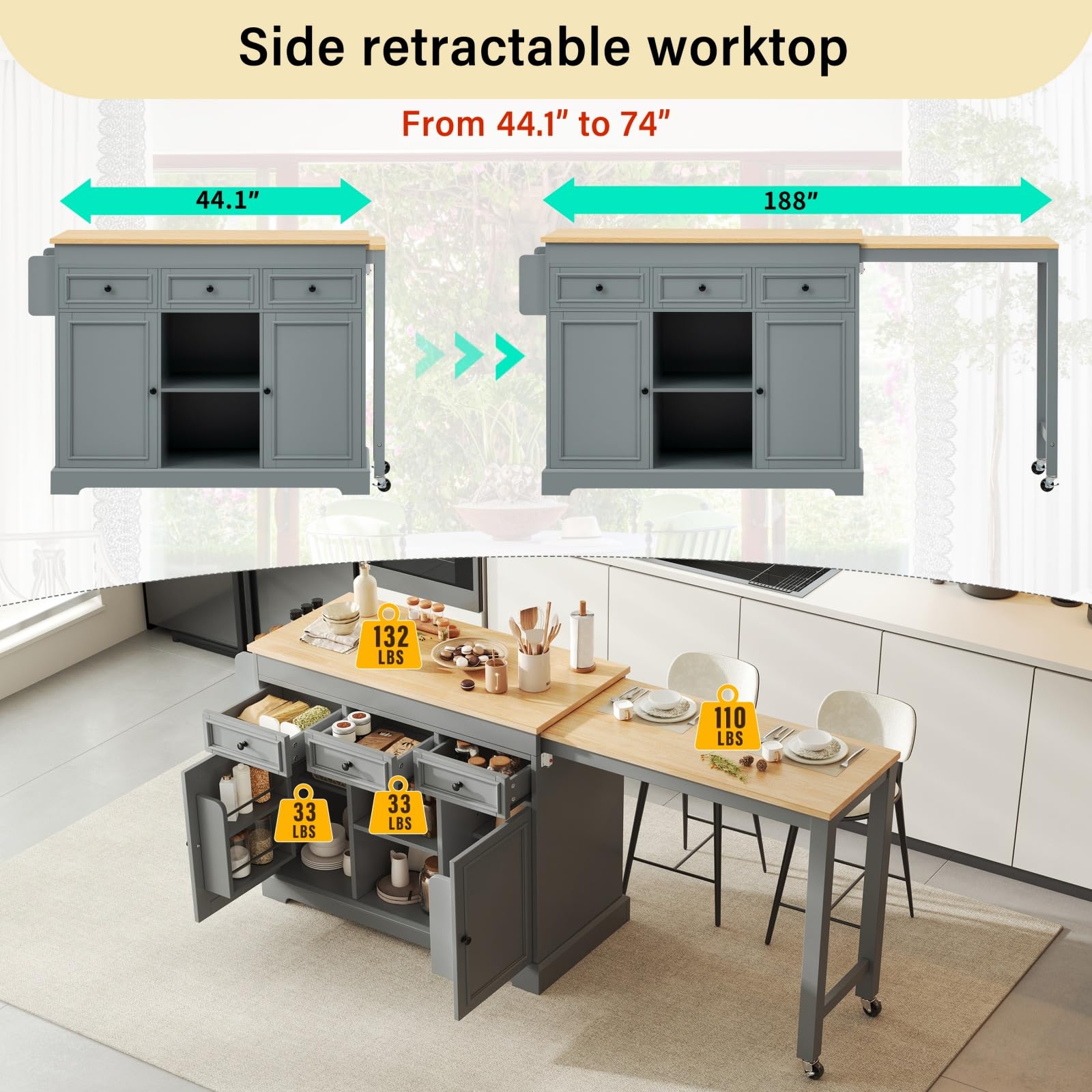 YEHTOKHOME - Tavolo da cucina espandibile a isola, 112-188 cm, tavolo da pranzo grigio con 3 ripiani e carrello per 4-6 persone, perfetto per sala da pranzo e intrattenimento