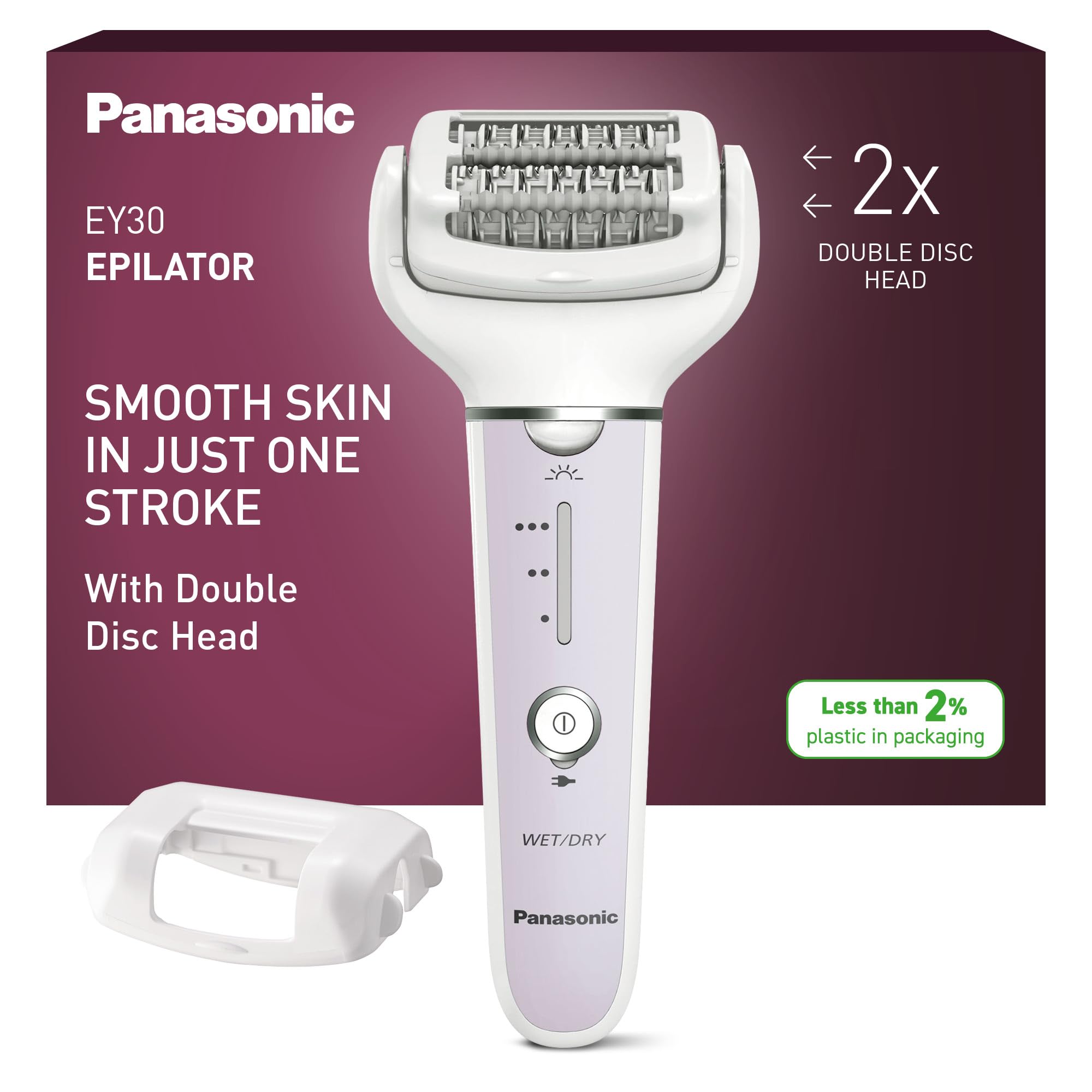 Panasonic ES-​EY30-​V503 Húmedo y Seco Depiladora, Doble Disco con 60 Pinzas, Flexible 90º Pivotante Cabeza, 3 velocidad Ajustes y LED Luz, 30 Minutos Operación Tiempo, Sin Cable, Cabello Removedor