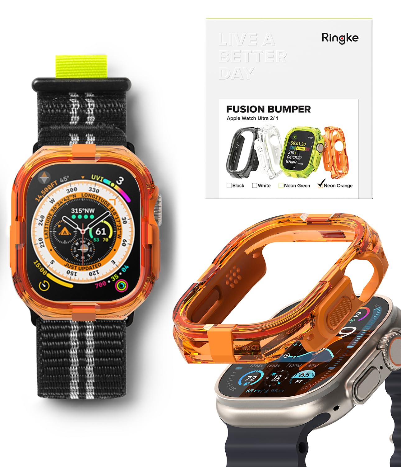 Ringke Fusion Bumper Compatible with Apple Watch Ultra 2, 1 [Neon Orange] Sports Air Loop [Black] Compatible with Apple Watch Ultra 2, 1