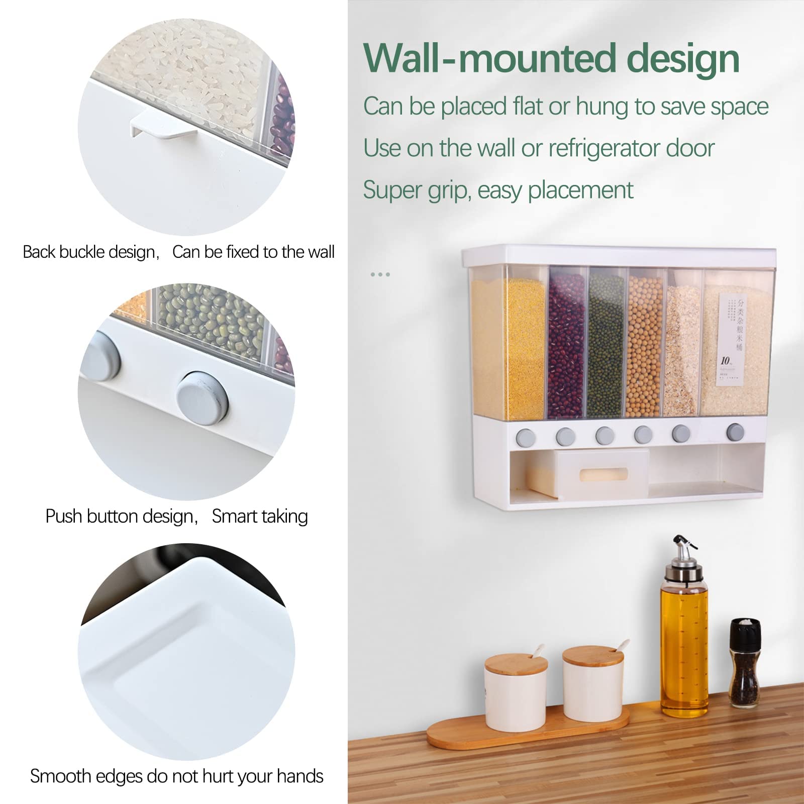Dispensador De Cereales 6 En 1 Para Cocina Recipiente De Comida Seca Dispensador De Arroz De Encimera Wall-mounted Dry Food Dispenser Para Frutos Secos Granos De Café Alimentos Secos