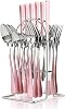 Silverware Set, 24 Piece Cutlery Set, Stainless Steel Flatware Set with Stand, Knife Fork Spoon Hanging Flatware Set for 6 Person, Mirror Polished Tableware Set Pink Silver