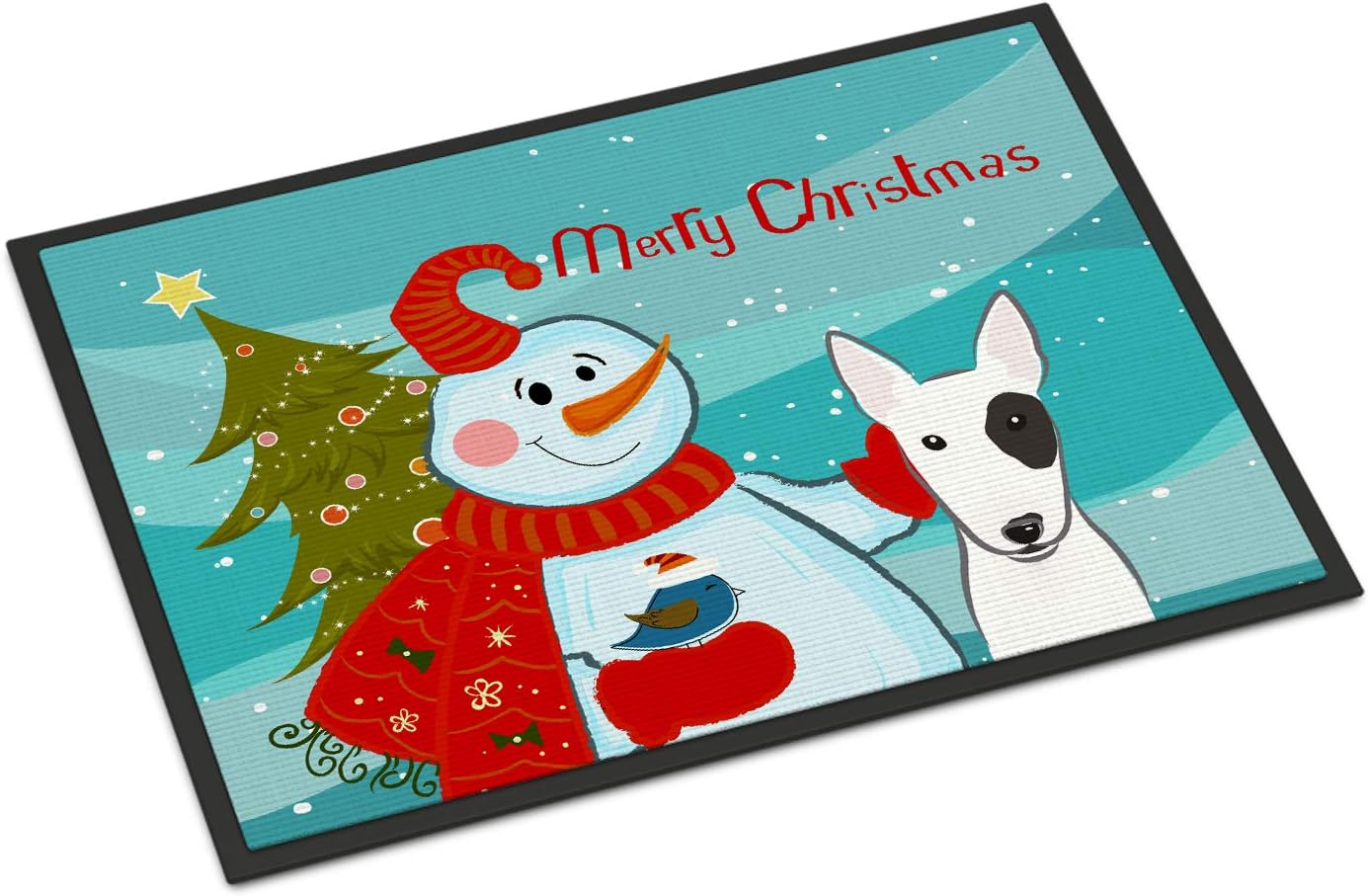 Caroline's Treasures BB1829MAT Snowman with Bull Terrier Doormat 18x27 Front Door Mat Indoor Outdoor Rugs for Entryway, Non Slip Washable Low Pile, 18H X 27W