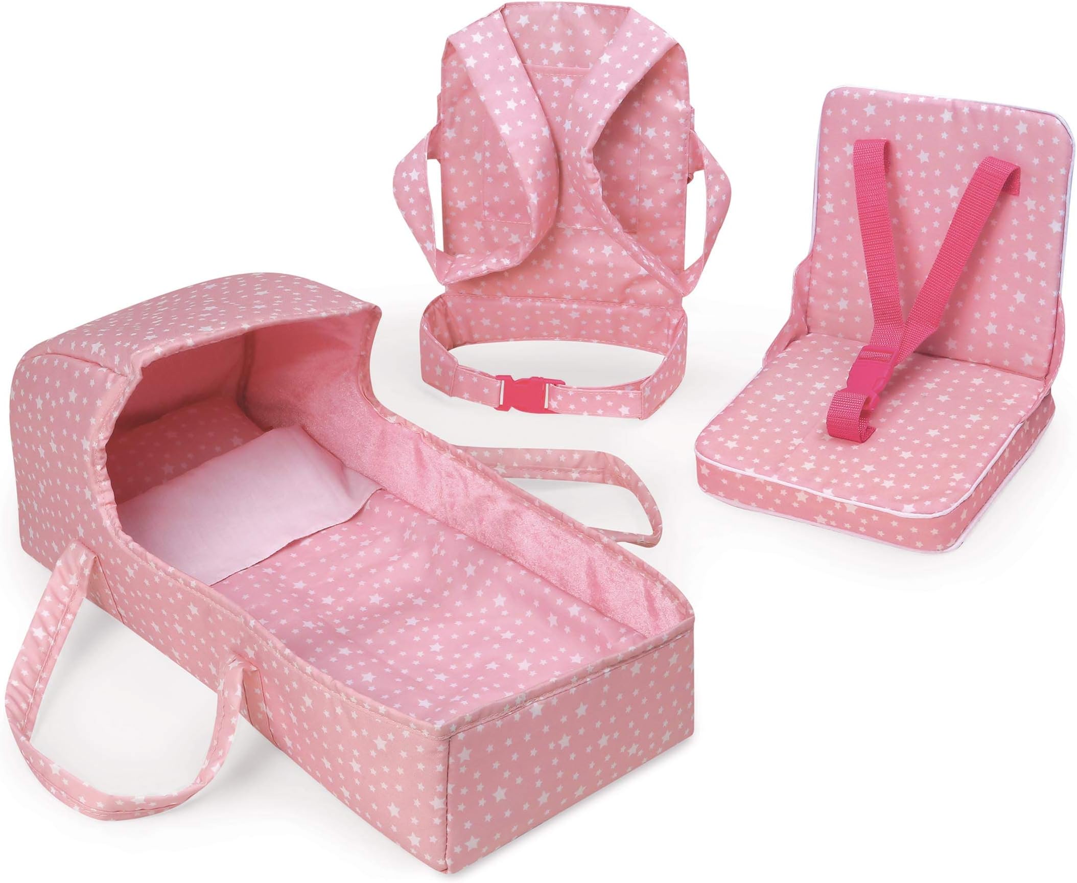 First Class 5-Piece Doll Travel Set for 18-Inch Dolls โ Includes Travel Bed, Carrier, Reversible Blanket, and Accessories in Pink Stars Design