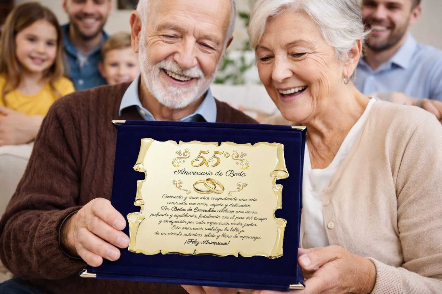 Placa Bodas de Esmeralda – 55° Aniversario de Boda | Placa Conmemorativa para Bodas de Esmeralda en Aluminio Dorado | Regalo Elegante para 55 Años de Matrimonio con Estuche de Lujo