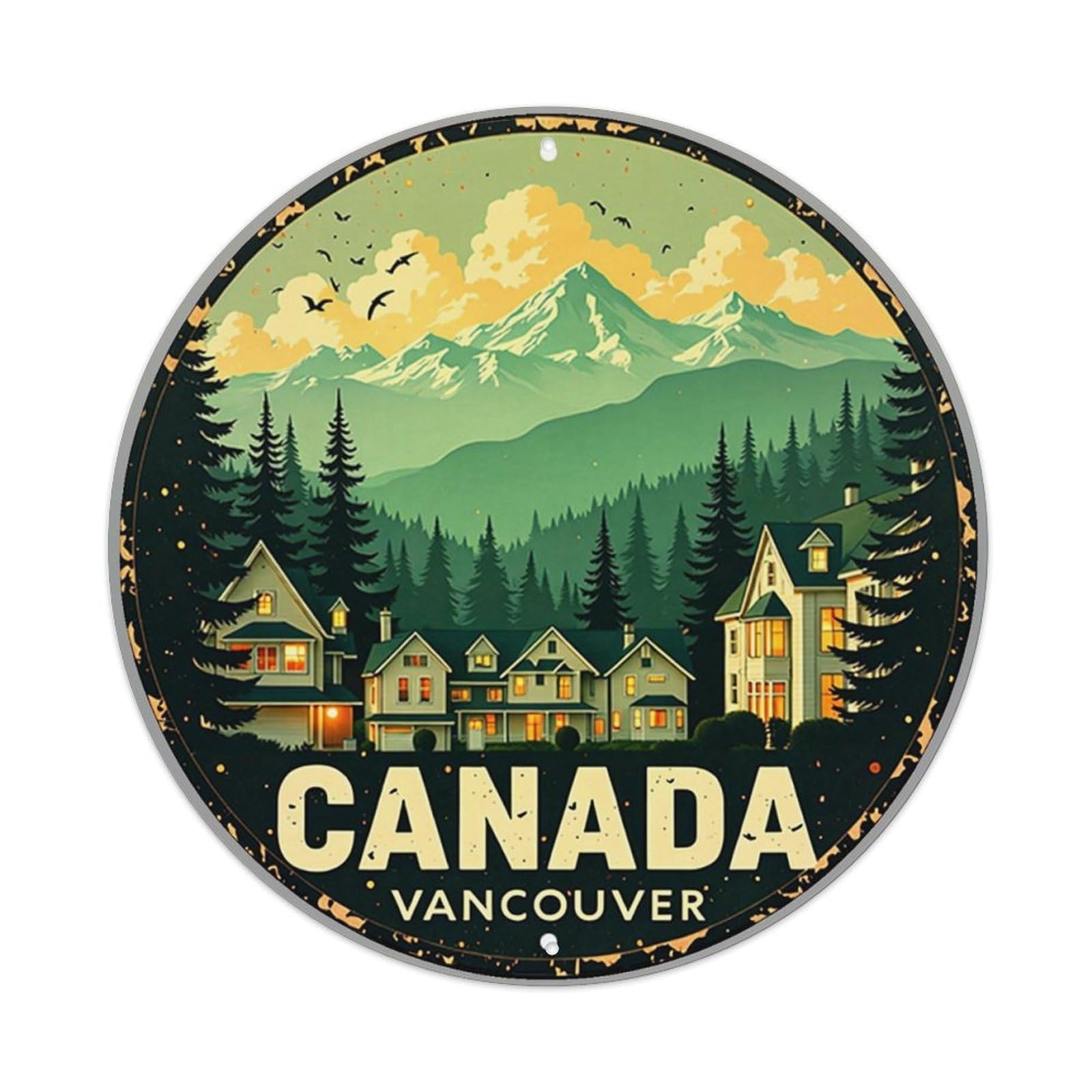 Mountain Forest Houses Sky Birds Round Metal Tin Sign Vintage Wall Decor, Bar Garage Cafe Kitchen Home Wall Art Poster 8x8inches