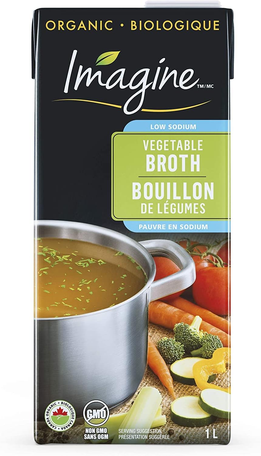 Imagine Organic Vegetable Broth, Low Sodium, 1L (Pack of 12), Black