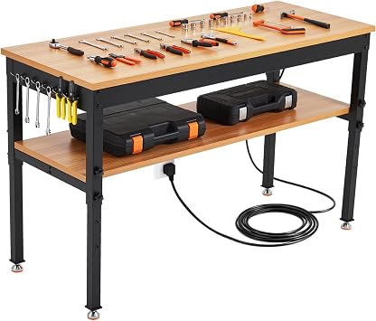 48"x 24" Adjustable Workbench 2500LBS, Work Bench with Power Outlet & Shelf | Heavy duty 48" x 24" tool bench with storage shelf and power strip. Sturdy table for garage, workshop, and home craft room