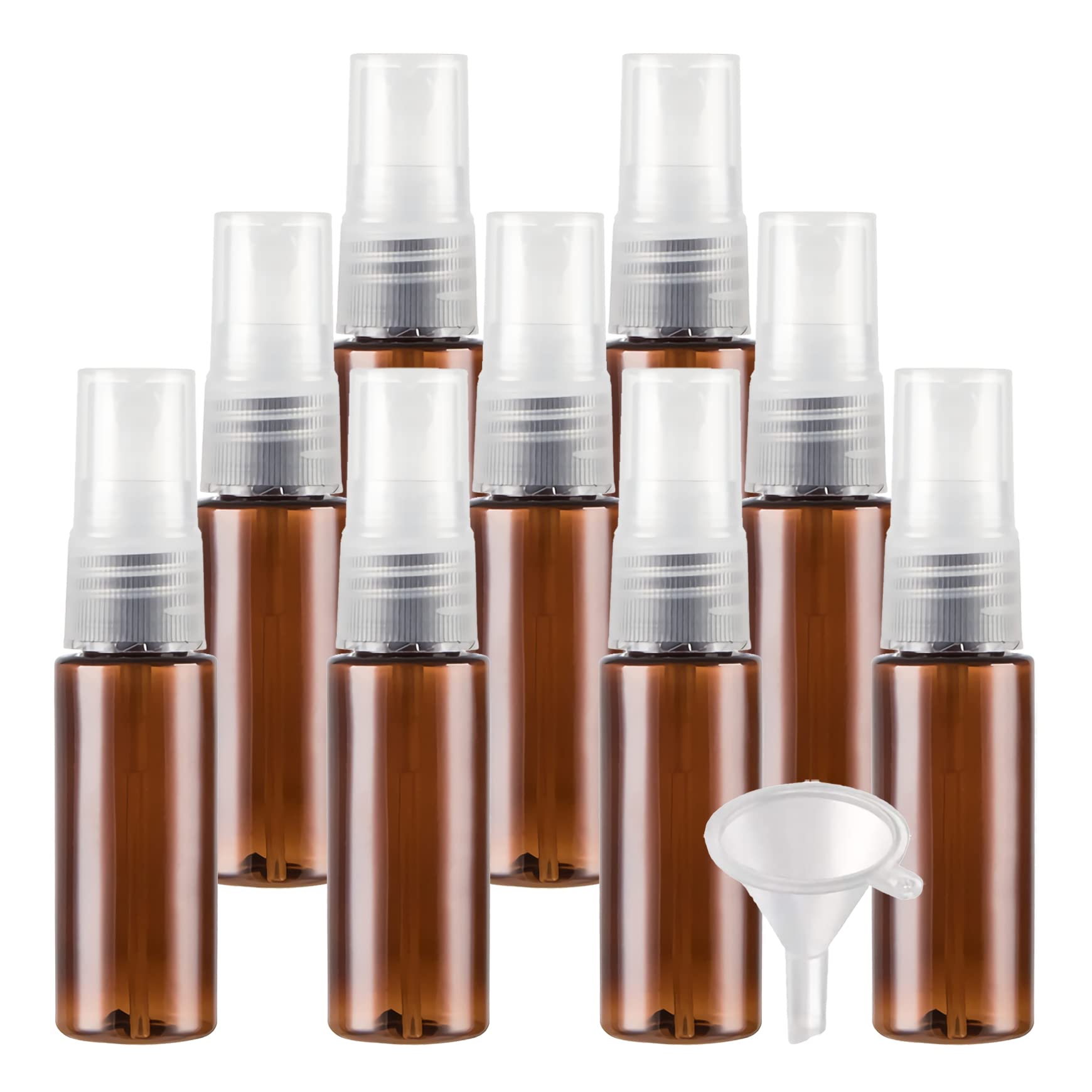 TIANZD 100 Stück Klein Leere Braun 20 ml Kunststoff Sprühflasche mit Transparent Zerstäuber Flasche, 20ml Feinen Nebel Pumpzerstäuber Parfümzerstäuber Zerstäuberflasche Reise Flakons, 4x Trichter