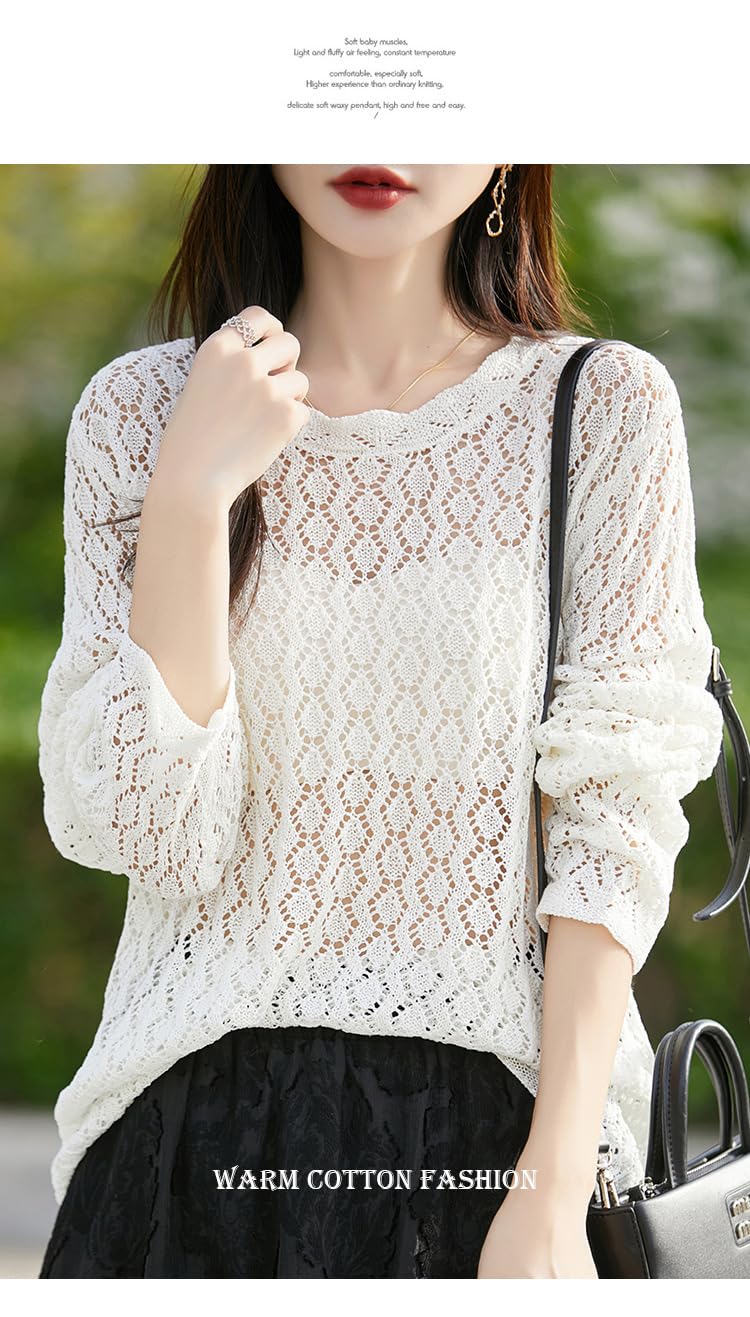 Maglia Donna Elegante Top Estivi da Donna all'Uncinetto Maglioni Leggeri in Lino A Maglia Maniche Lunghe Maglione Traforato Copricostume da Spiaggia in Maglia per Donna Pullover Traspare