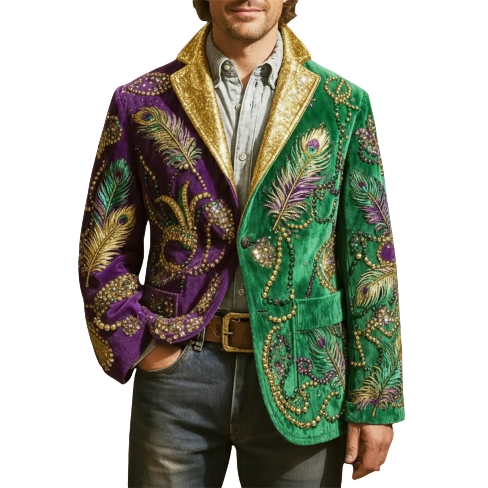 Mardi Gras Jacket Mens Holiday Blazer Outfits Plus Size Suit Sequin Top Accessories Costume Corduroy Cardigan Apparel, Z-03-Green, XL — image 1