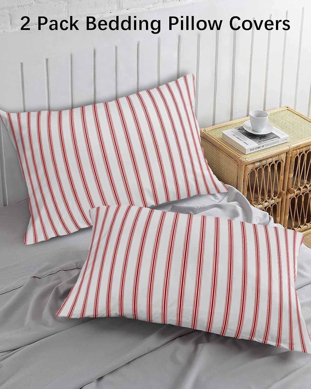 DecorLovee Red Striped King Pillow Cases Set of 2 - Microfiber Bed Throw Pillow Covers, Red White Stripes Farmhouse Decorative Lumbar Pillow Cover with Envelope Closure for Sofa/Travel 20"x36"